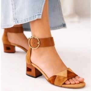 Poetic License Splatter Suede Color Block Tan Block Cutout Heel Women's 7